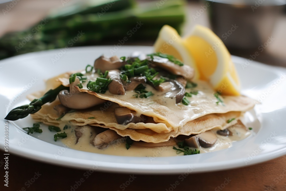 Spicy pancakes with mushrooms and herb cream sauce .Generative AI Spicy pancakes with mushrooms and herb cream sauce .Generative AI