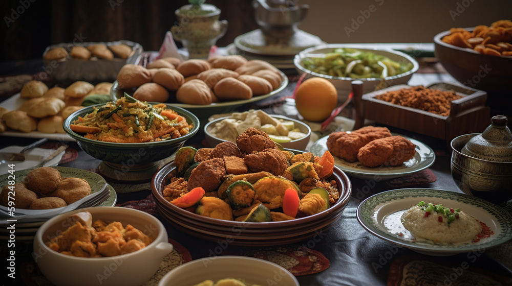 Traditional Eastern dishes on table. Celebration of Eid al-Fitr, Eid Adha, Generative ai