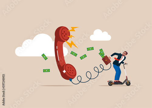 Angry feedback from client. Businessman on a electric scooter. Modern vector illustration in flat style