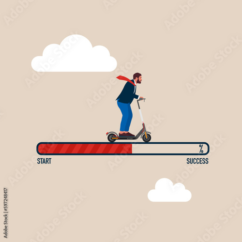 Businessman on a electric scooter Traveling to from the start to success.  Challenge your progress and win the race. Flat vector illustration.
