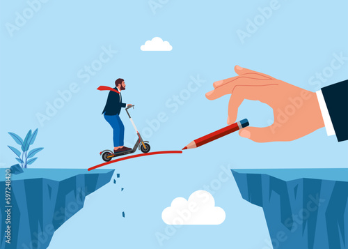 Hand drawing a bridge over an abyss for Businessman on a electric scooter. Flat vector illustration.