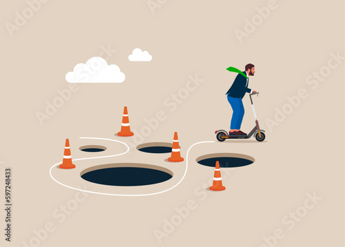 Businessman on a electric scooter pass many pitfalls to achieve finish. Flat vector illustration