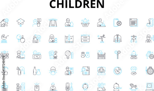 Children linear icons set. Playful, Innocent, Creative, Curious, Energetic, Adventurous, Spontaneous vector symbols and line concept signs. Lovable,Sensitive,Affectionate illustration Generative AI