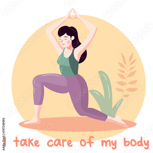 Self love and love your body concept. Girl is doing yoga in care of her body
