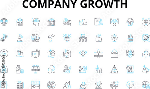 Company growth linear icons set. Expansion, Development, Progression, Improvement, Advancement, Evolution, Upsurge vector symbols and line concept signs. Thriving,Flourishing,Ascension illustration