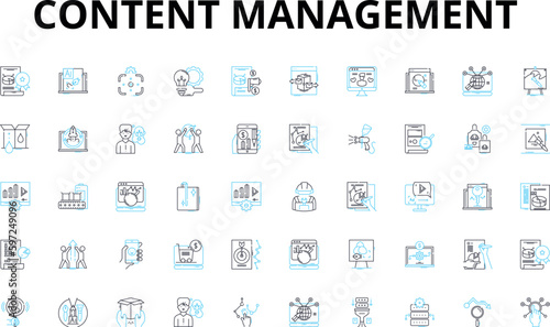Content management linear icons set. Organization, Collaboration, Workflow, Efficiency, Integration, Framework, Customization vector symbols and line concept signs. Accessibility,Security,Analytics