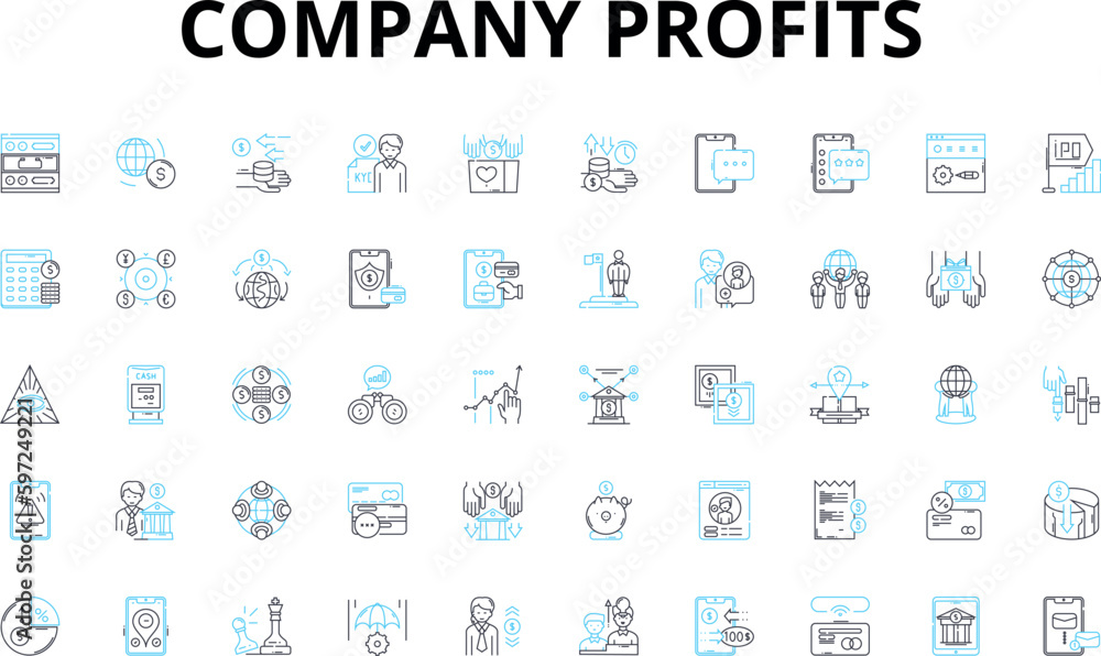 Company profits linear icons set. Earnings, Revenue, Income, Bonuses, Growth, Expenses, Margin vector symbols and line concept signs. Net,Savings,Returns illustration