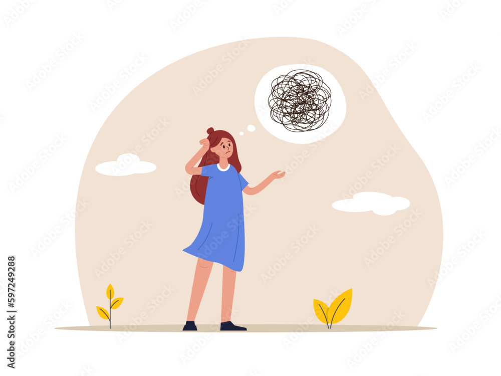 Stress management concept. Emotion during problem solving or frustration work. Woman looks at the mess of chaos with consternation. Flat vector illustration.