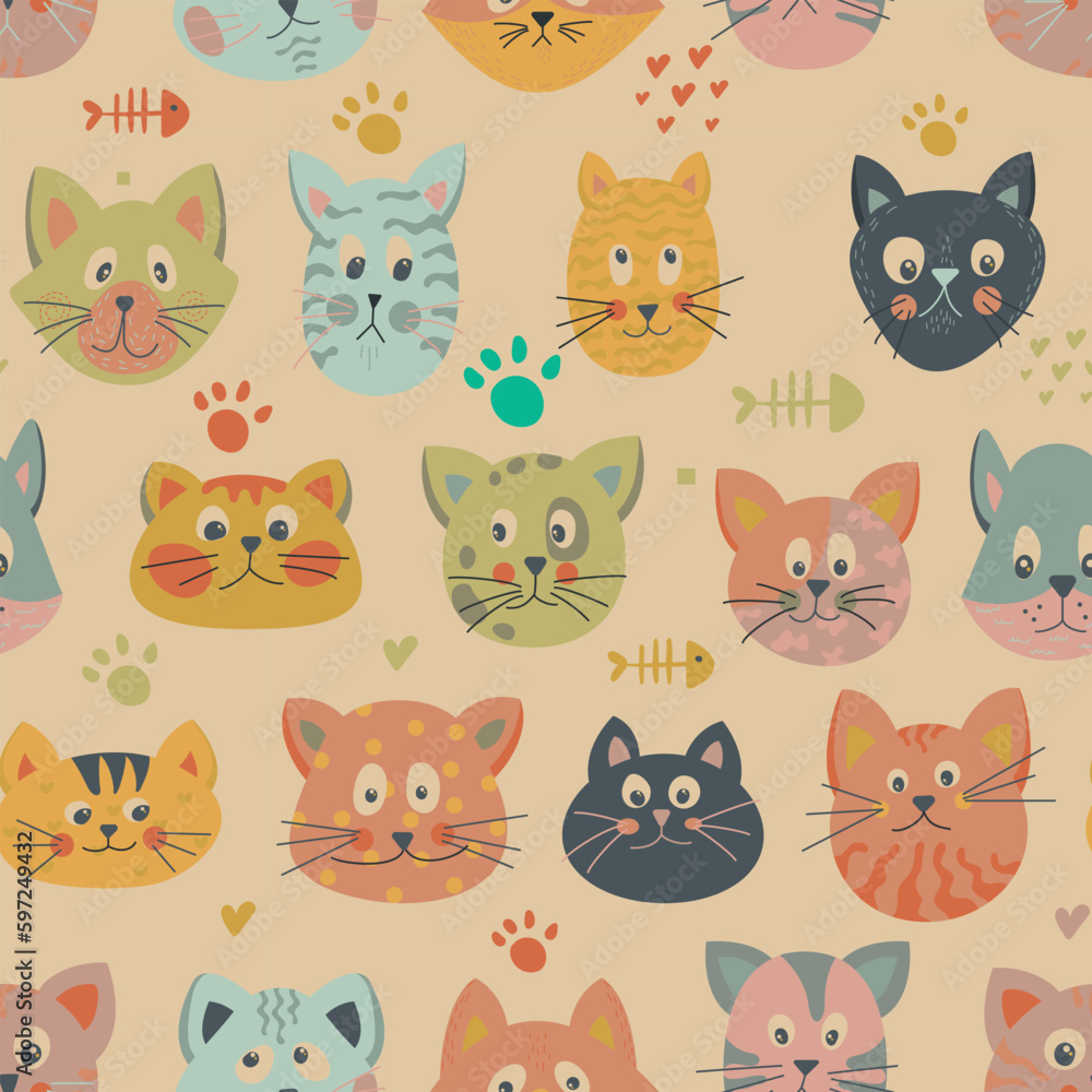 Seamless pattern of beautiful, bright cats on a yellow background. Perfect for wallpapers, gift paper, greeting cards, fabrics, textiles, web designs. Vector illustration. Hand drawn.