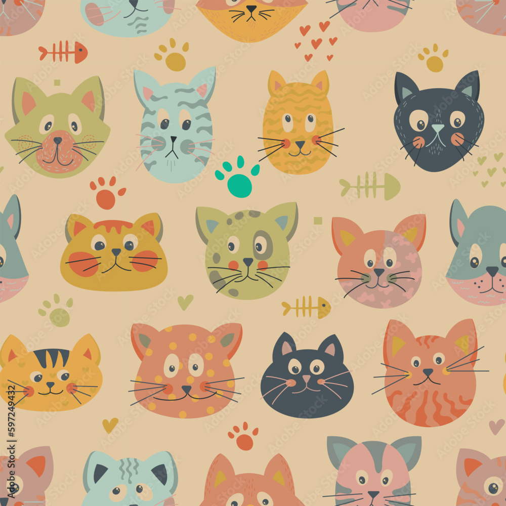 Seamless pattern of beautiful, bright cats on a yellow background. Perfect for wallpapers, gift paper, greeting cards, fabrics, textiles, web designs. Vector illustration. Hand drawn. Seamless pattern of beautiful, bright cats on a yellow background. Perfect for wallpapers, gift paper, greeting cards, fabrics, textiles, web designs. Vector illustration. Hand drawn.