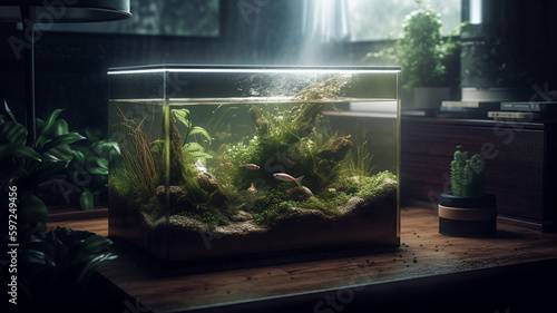 A small desktop freshwater planted aquarium tank, created with generative AI technology