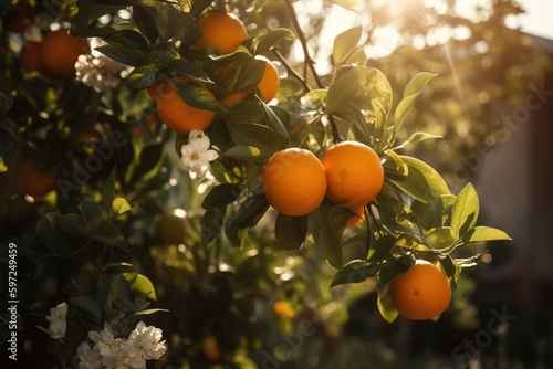 orange tree with oranges and flowers-Ai