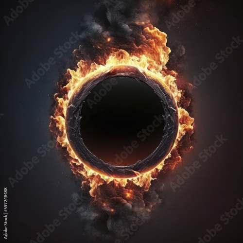 Burning black circle surrounded by fire on dark background. Generative AI