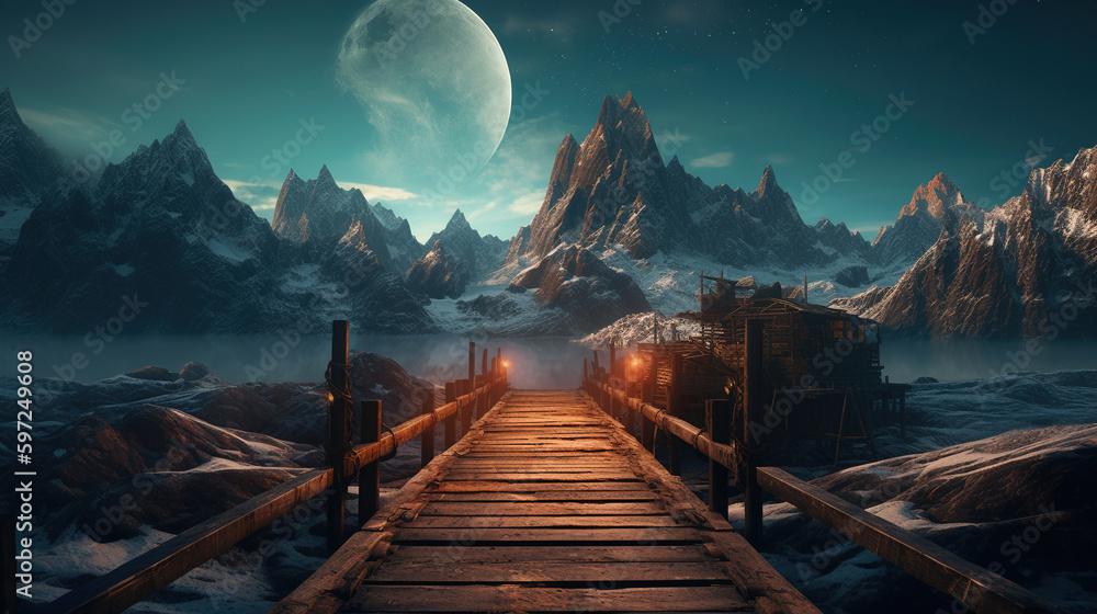 Bridge to the Mountain at Night.Generative Ai