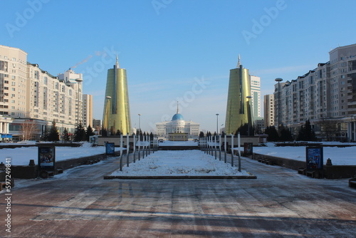 Ak orda presidential palace and ministry buildings winter city view astana kazakhstan