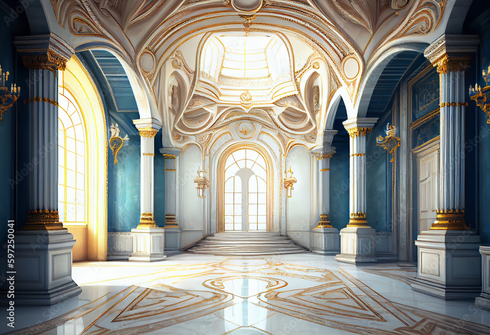 Photorealistic interior of a castle or palace decorated with blue ornamental stone and gold. AI generative.