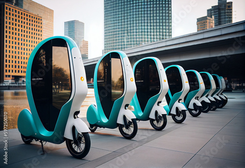 Bike sharing, scooter sharing - mobile personal electric transport in the business center of the city. AI generative.