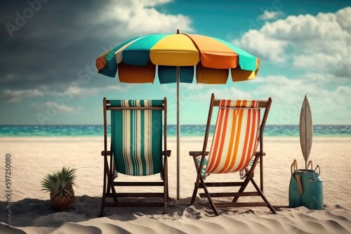 Beach chairs and colorful umbrella on the sandy beach under blue sky with clouds. Generative AI