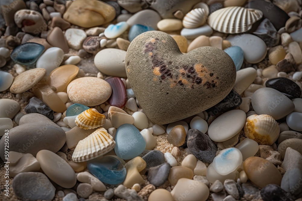 Love on the Beach - Heart-Shaped Seashells, Stones and Sea Glass for Valentine's Day: Generative AI