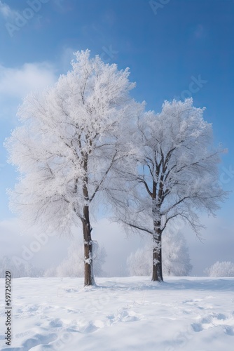 Love Can Bloom Even Through Snow: Couple of Trees Standing In the Snow. Generative AI
