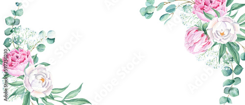 Floral watercolor banner, design frame. Pink and white peonies, eucalyptus and gypsophila branches. Hand drawn botanical  isolated on white background. Can be used for cards, wedding