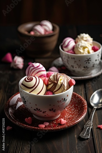 Love Sweetly: Delicious White Ice Cream Dessert for Valentine's Day. Generative AI