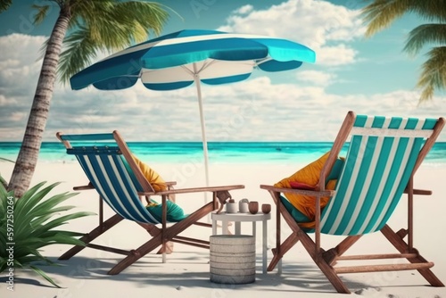 Beach chairs with parasol on tropical sandy beach. Generative AI © whilerests