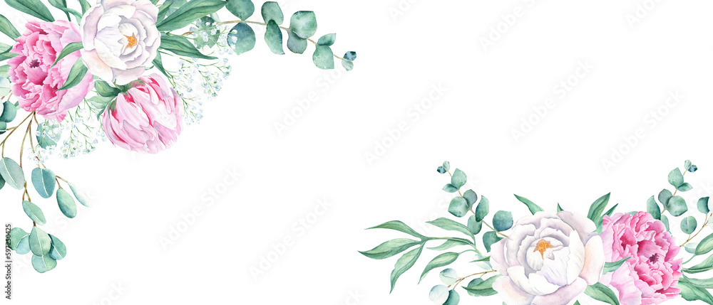 Floral watercolor banner, design frame. Pink and white peonies, eucalyptus and gypsophila branches. Hand drawn botanical illustration isolated on white background. Can be used for cards, wedding