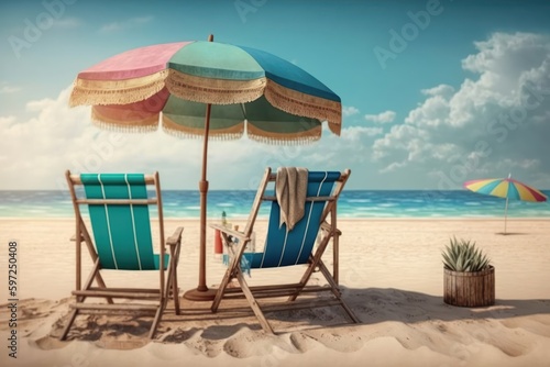 Beach chair with umbrella on sandy beach. Vacation concept. Generative AI