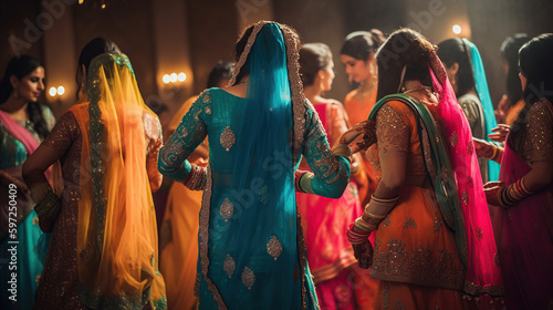 Indian bridal and bridesmaids dance sangeet ceremony, generative ai photo