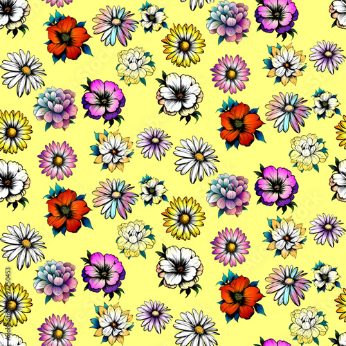 Colored vector seamless half-drop pattern  with inked style flowers