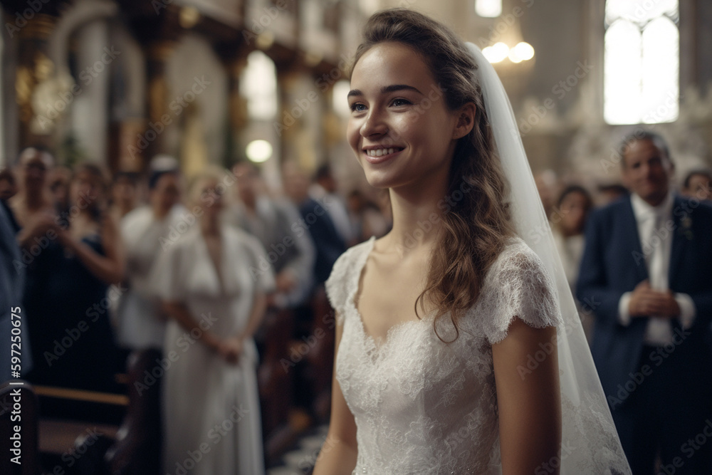 young adult woman wearing a wedding dress with a train, in a church, expectant close-up. Generative AI young adult woman wearing a wedding dress with a train, in a church, expectant close-up. Generative AI