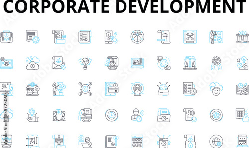 Corporate development linear icons set. Strategy, Growth, Innovation, Planning, Collaboration, Execution, Expansion vector symbols and line concept signs. Investment,Leadership,Mergers Generative AI