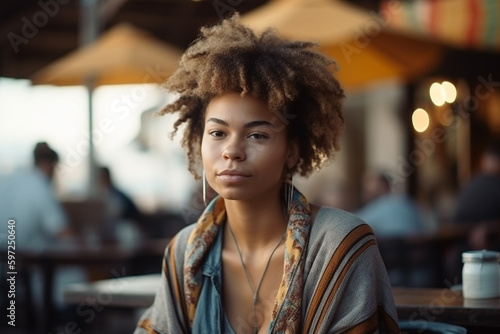 young adult woman or teenager outside in a city cafe in free time, sitting alone at a table, curly hair tanned skin slim figure. Generative AI