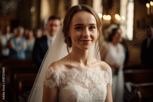 young adult woman wearing a wedding dress with a train, in a church, expectant close-up. Generative AI