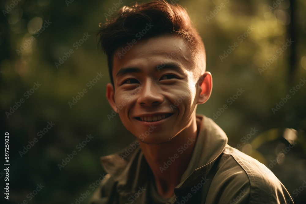 young boy teenager is outdoors in nature or garden, happy and content, balance and balance of soul. Generative AI young boy teenager is outdoors in nature or garden, happy and content, balance and balance of soul. Generative AI
