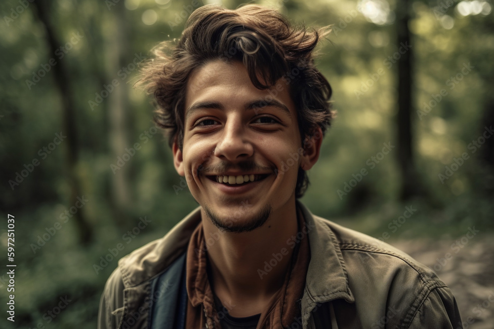 young man is outdoors in nature or garden, happy and content, balance and balance of soul. Generative AI young man is outdoors in nature or garden, happy and content, balance and balance of soul. Generative AI