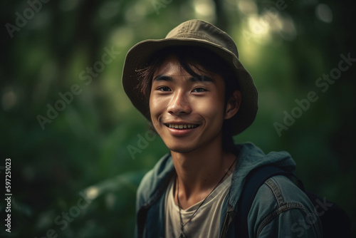 young boy teenager is outdoors in nature or garden, happy and content, balance and balance of soul. Generative AI