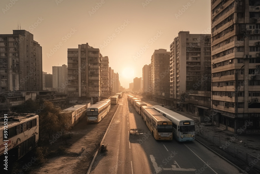 abandoned ruins-like cityscape and buses with parked trains, deserted. Generative AI abandoned ruins-like cityscape and buses with parked trains, deserted. Generative AI