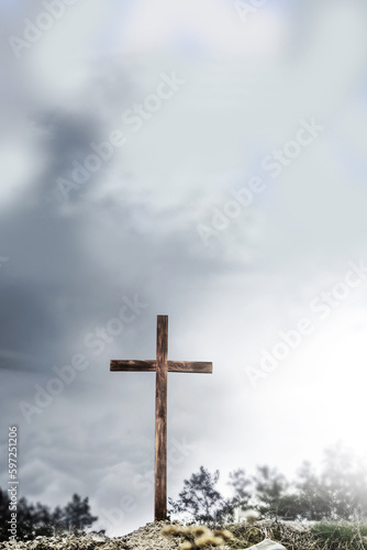Cross on the hill. Blank cross against the sky. True Easter. Hope in God