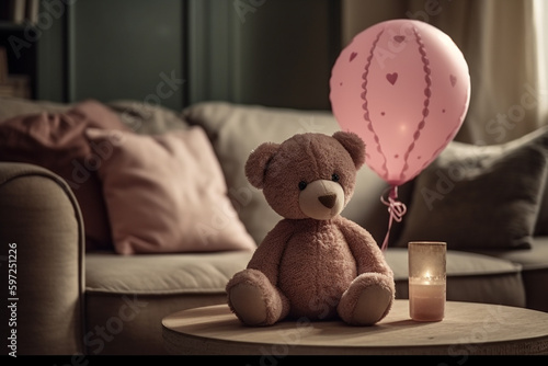 pink teddy on the sofa, gift souvenir or surprise at home. Generative AI