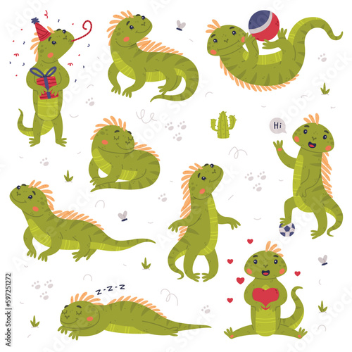 Funny Green Iguana Character with Scales Engaged in Different Activity Vector Set