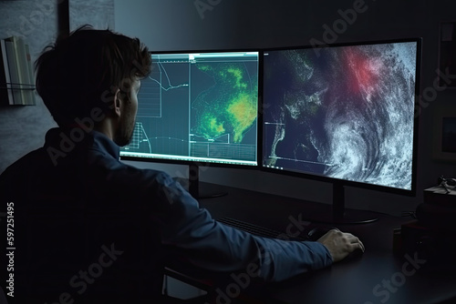 Meteorologist monitoring weather forecast at monitor screen. Workplace in meteorological department. Created with Generative AI photo