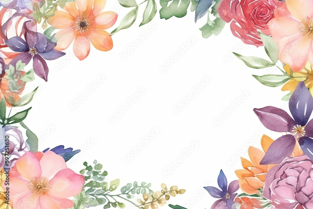 Fototapeta premium Festive floral composition, top view. Circle frame made of flowers on white background, flat lay style. Wallpaper banner with copy space. Created with Generative AI
