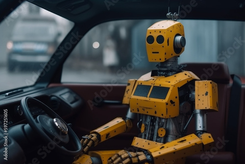 a futuristic taxi and taxi driver , taxi car with fictional symbols, fictional location. Generative AI