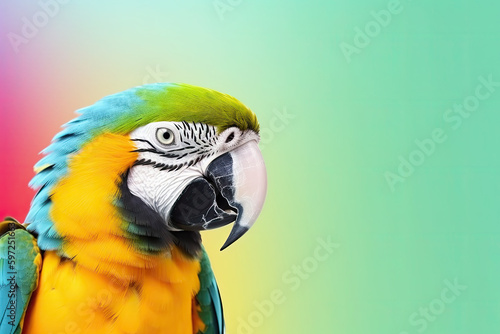 Parrot on bright background. Wallpaper with tropical bird. Exotic fauna banner with macaw parrot, copy space. Created with Generative AI