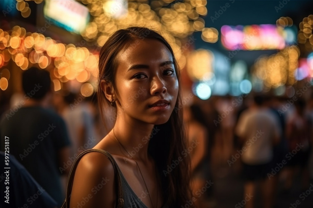 young asian woman or teenager outdoors in typical nightlife in a city with many local people in the market, fictional place. Generative AI young asian woman or teenager outdoors in typical nightlife in a city with many local people in the market, fictional place. Generative AI
