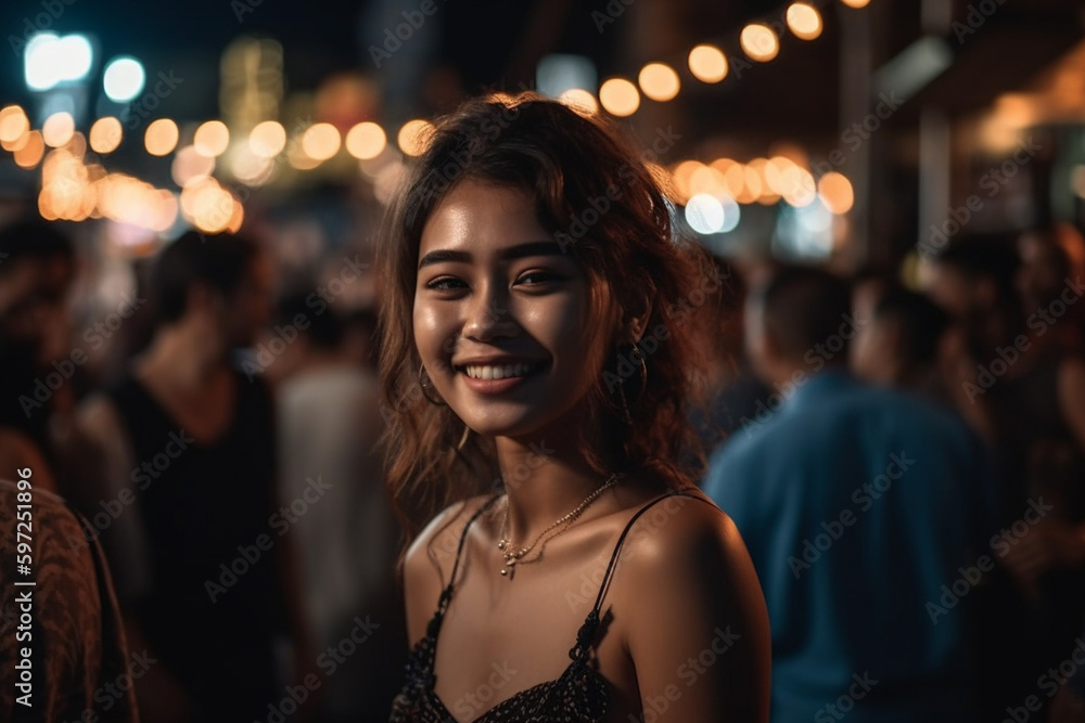 young adult woman outdoors in a busy place, fictitious location. Generative AI young adult woman outdoors in a busy place, fictitious location. Generative AI