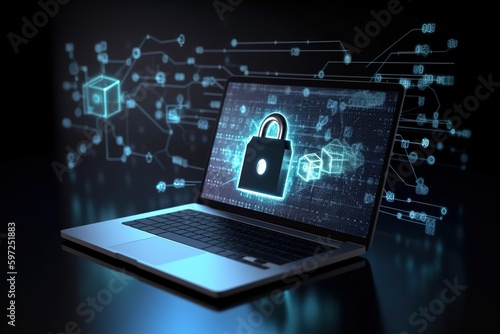 Cyber security, data protection, cyberattacks concept on blue background. Database security software development. Online security concept. Laptop protected with shield. AI