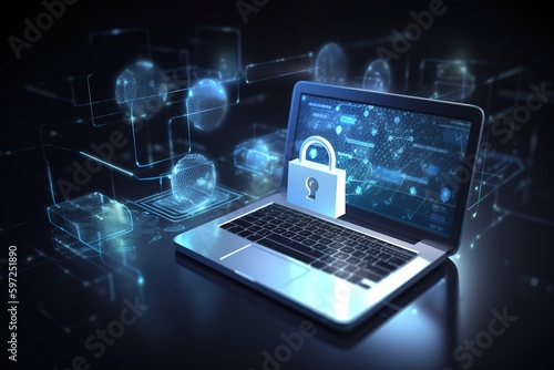 Cyber security, data protection, cyberattacks concept on blue background. Database security software development. Online security concept. Laptop protected with shield. AI